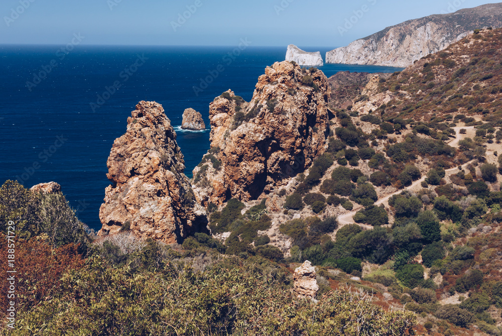 Landscape with sea views of Masua and Pan di Zucchero at the west coast of Sardinia. Italy