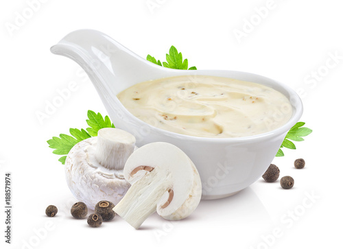 Sour cream with mushrooms. Mushroom sauce isolated on white background photo