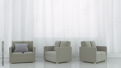 The interior and three sofas on empty white wall background. 3D rendering