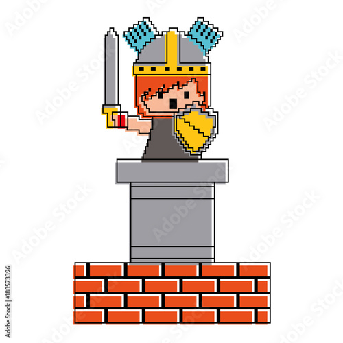 pixel character knight game wall brick vector illustration