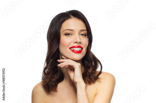 beautiful smiling young woman with red lipstick