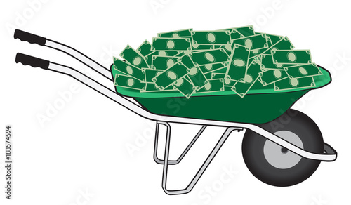 A green wheelbarrow filled with cash is ready to be taken away