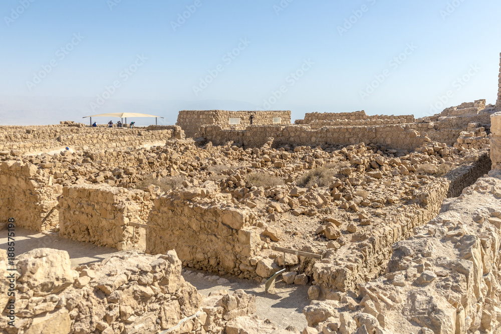 Ruins of the ancient fortress of Massada on the mountain near the dead sea in southern Israel

