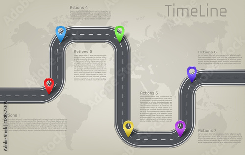 Vector company corporate car road on world map milestone, timeline business presentation layout infographic strategic plan workflow with pointer marks, action steps. Concept template illustration