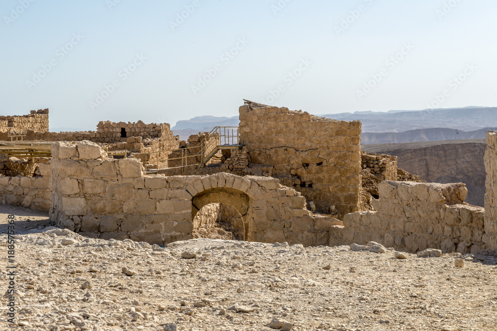 Ruins of the ancient fortress of Massada on the mountain near the dead sea in southern Israel

