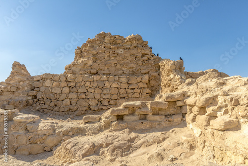 Ruins of the ancient fortress of Massada on the mountain near the dead sea in southern Israel