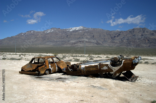 burnt cars in desert