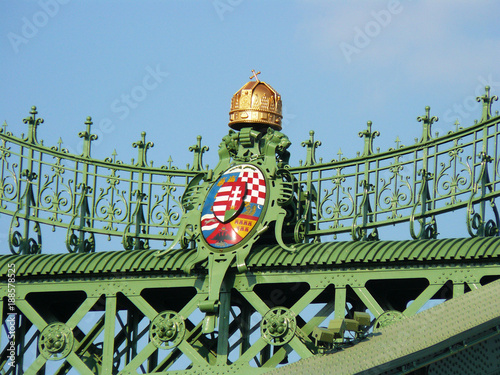 Detail of the Liberty Bridge or Freedom Bridge in Budapest, Hungary, connects Buda and Pest across the River Danube photo