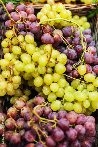 Grapes background. Organic Ripe red and white grape at market. Harvesting concept. Grape in a local market