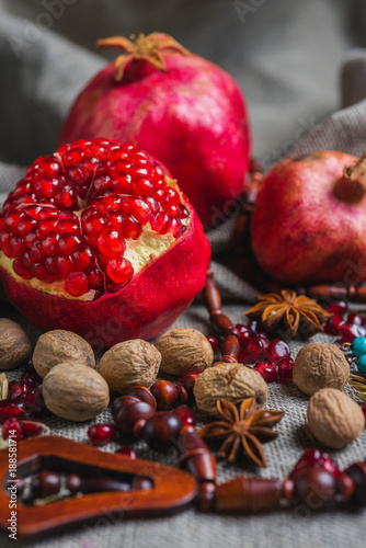 Juicy aromatic pomegranate on the table.