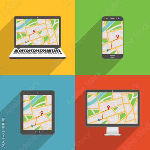 Flat design long shadow styled modern vector icon set of gadgets and devices with GPS map