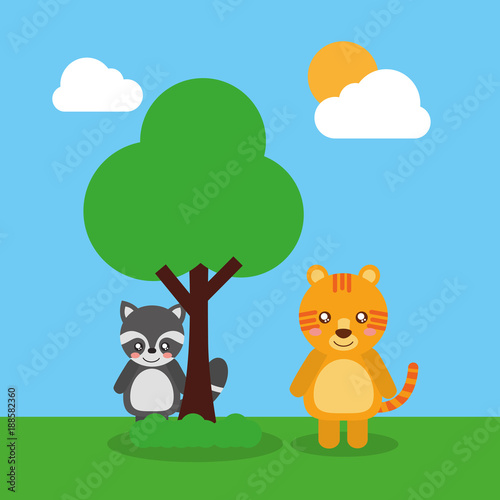 two cute animals raccoon and tiger friendly vector illustration