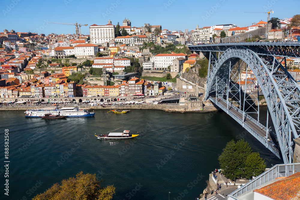 Dom Luis I bridge, Douro river and Ribeira from Vila Nova de Gaia, Porto, Portugal.