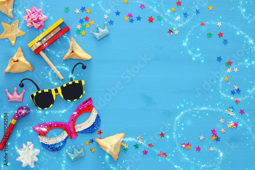 Purim celebration concept (jewish carnival holiday). Top view.