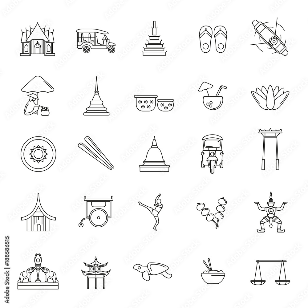 Obraz premium Thailand line icons set isolated on white background. Vector illustration with Thailand architecture, food and culture elements web icons in line style.