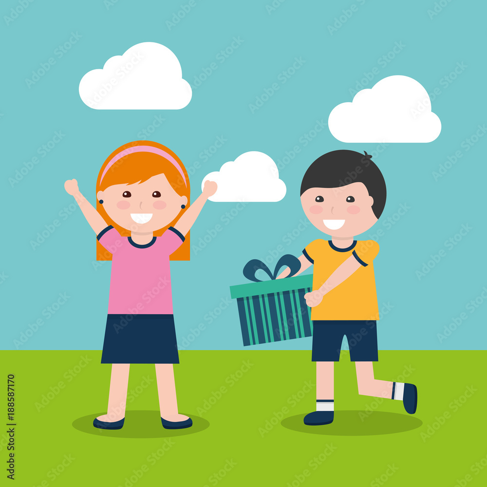happy boy and girl with gift vector illustration