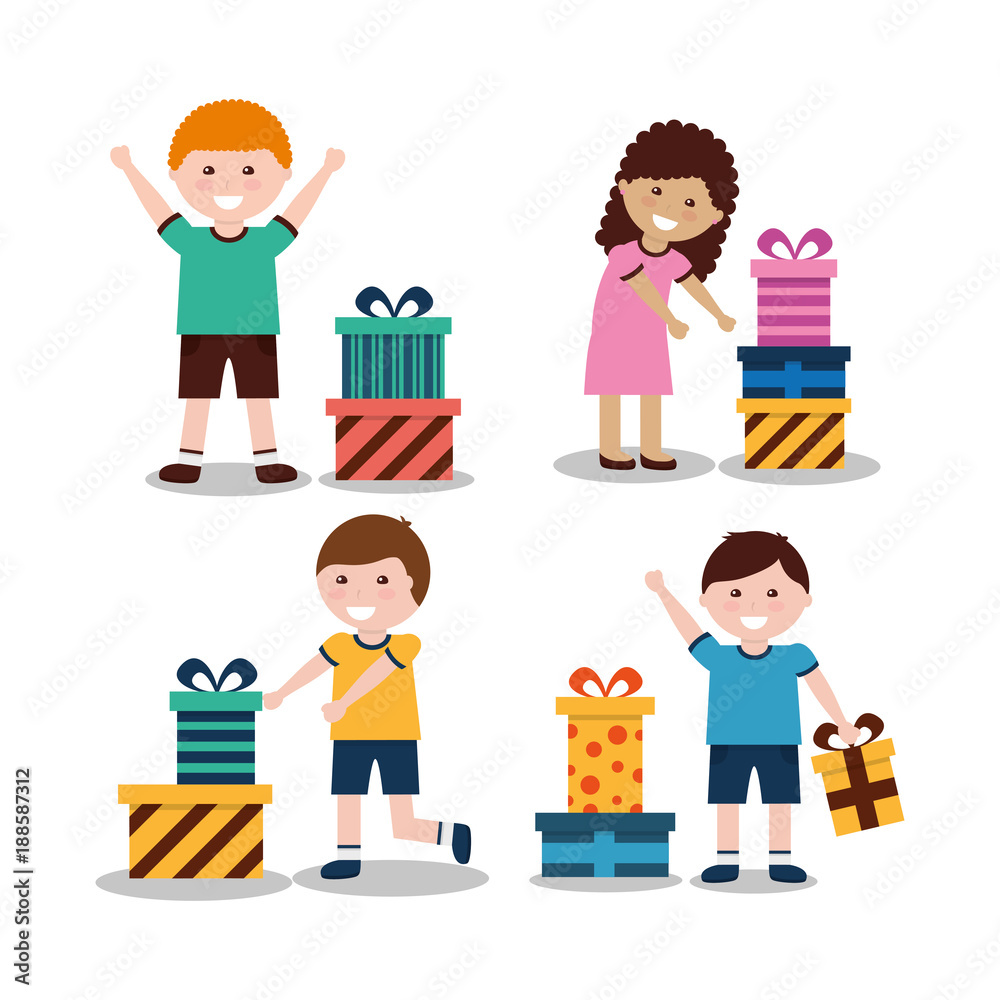 group of kids with nicely wrapped gift boxes vector illustration group of kids with nicely wrapped gift boxes vector illustration
