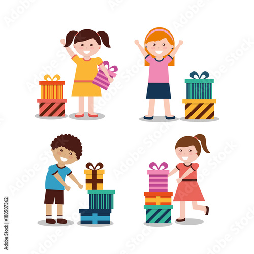 group of kids with nicely wrapped gift boxes vector illustration