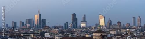 Milan cityscape at sunset  large panoramic view with new skyscrapers of Porta Nuova district.