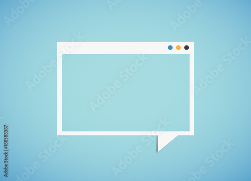 Window form screen, copyspace, design blank space, mock up, white square speech bubble on paper blue background.