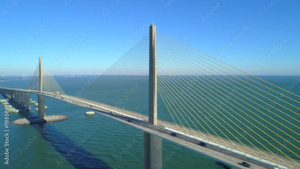 Aerial drone approach Sunshine Skyway Bridge tower and cables Aerial drone approach Sunshine Skyway Bridge tower and cables