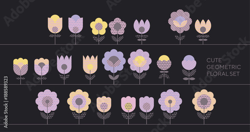 Tender violet spring color floral abstract motif in retro style with geometric texture. Cute decorative flower design elements set for card, poster, web and print surface design.