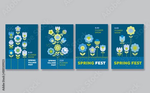 Cute decorative flower poster set for web and print surface design. Green and blue color floral abstract motif in retro style with geometric texture on marine blue background.