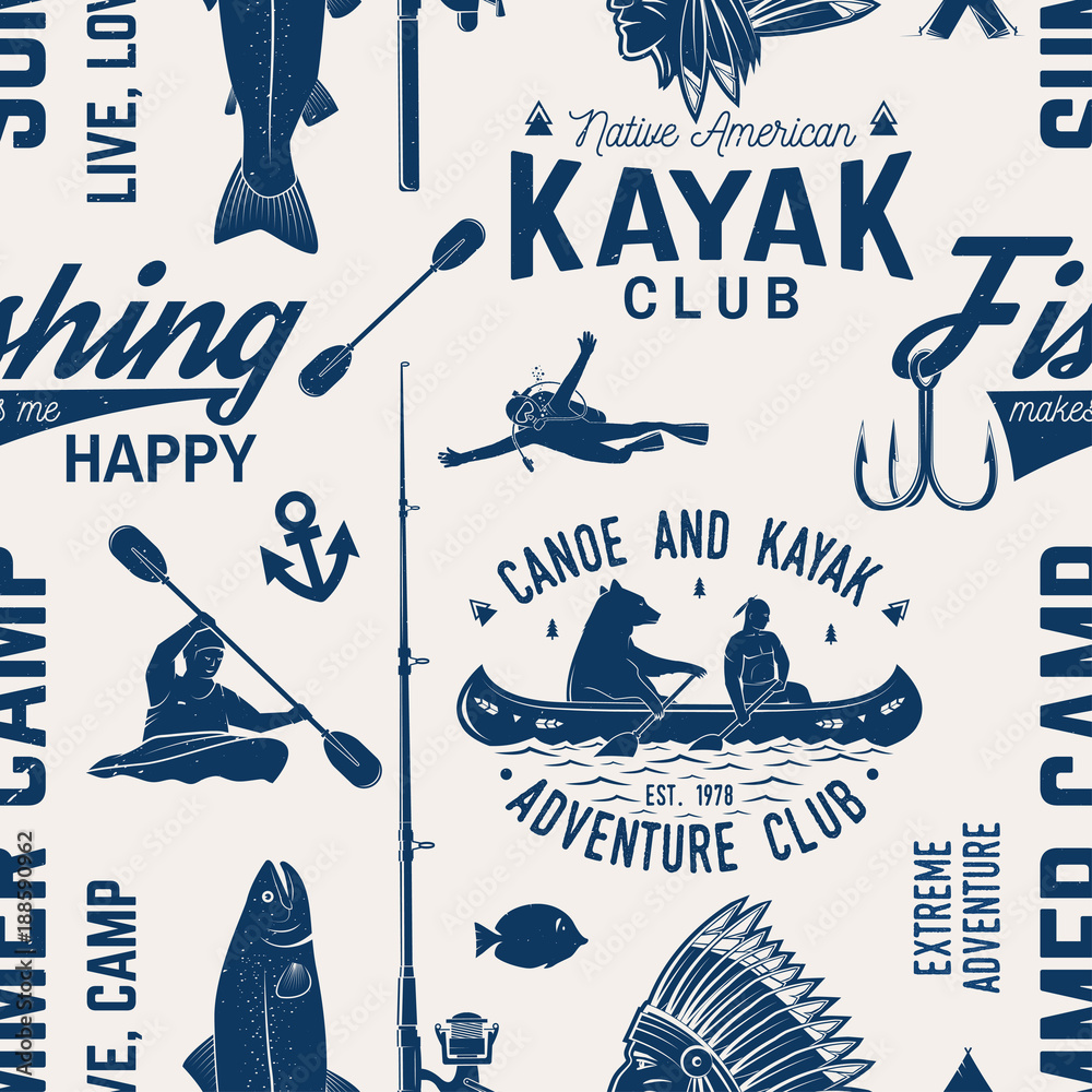 Canoe, Kayak and fishing Club seamless pattern. Stock Vector