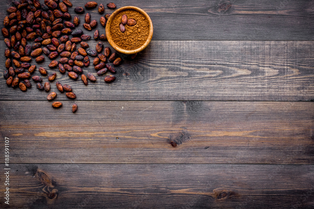 Main ingredient for chocolate. Cocoa powder in bowl near cocoa beans on dark wooden background top view copy space Main ingredient for chocolate. Cocoa powder in bowl near cocoa beans on dark wooden background top view copy space