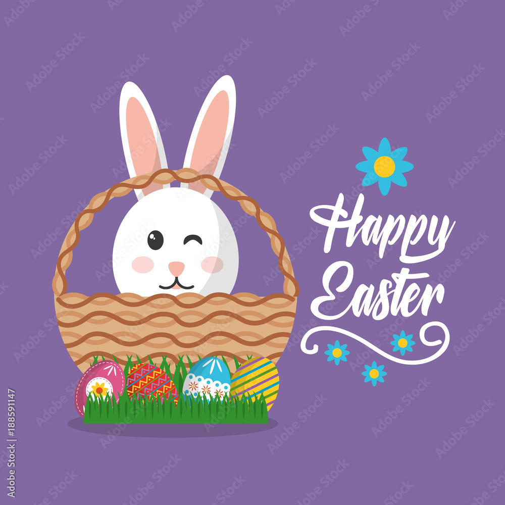 happy easter cute bunny inside basket and eggs decoration vector illustration happy easter cute bunny inside basket and eggs decoration vector illustration