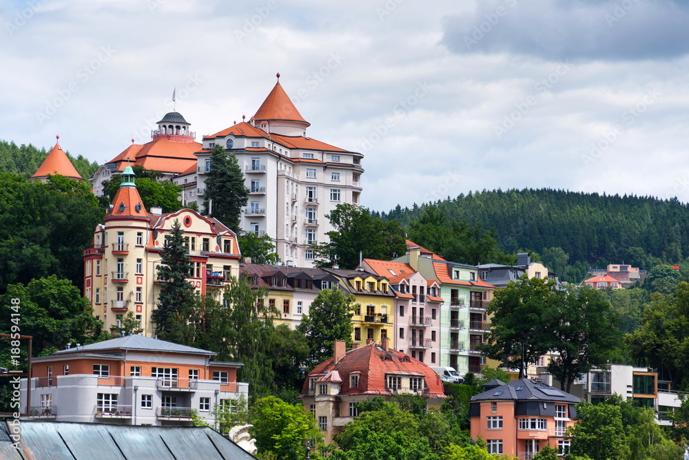 Beautiful panoramic view of houses in spa town Karlovy Vary, Czech Republic