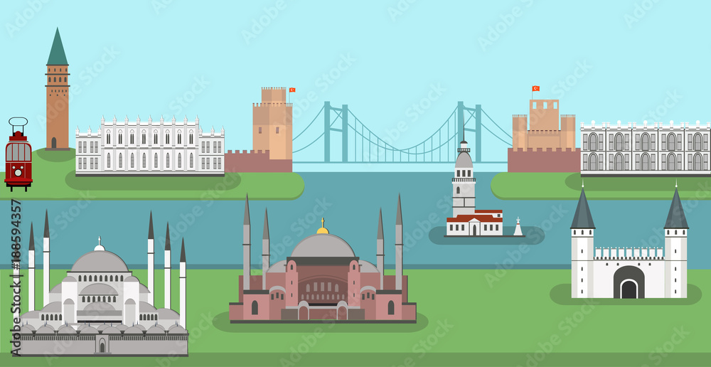 Panorama of Istanbul flat style vector illustration. Istanbul architecture. Cartoon Turkey symbols and objects
