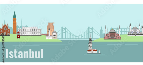 Panorama of Istanbul flat style vector illustration. Istanbul architecture. Cartoon Turkey symbols and objects 