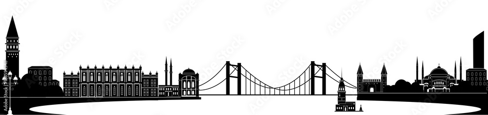 Panorama of Istanbul flat style vector illustration. Istanbul architecture. Cartoon Turkey symbols and objects. Monochrome silhouette of Istanbul