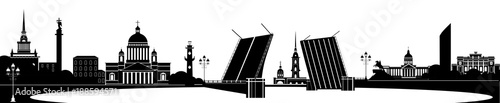 Panorama of Saint Petersburg flat style vector illustration. Petersburg architecture. Cartoon Russia symbols and objects. Monochrome silhouette of St. Petersburg
