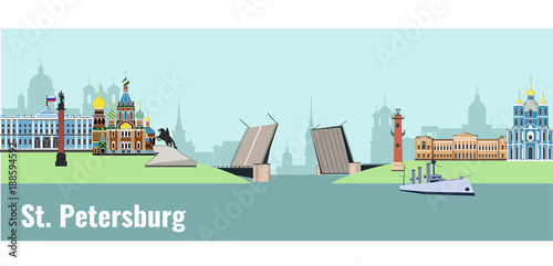 Panorama of St. Petersburg flat style vector illustration. Petersburg architecture. Cartoon Russia symbols and objects

