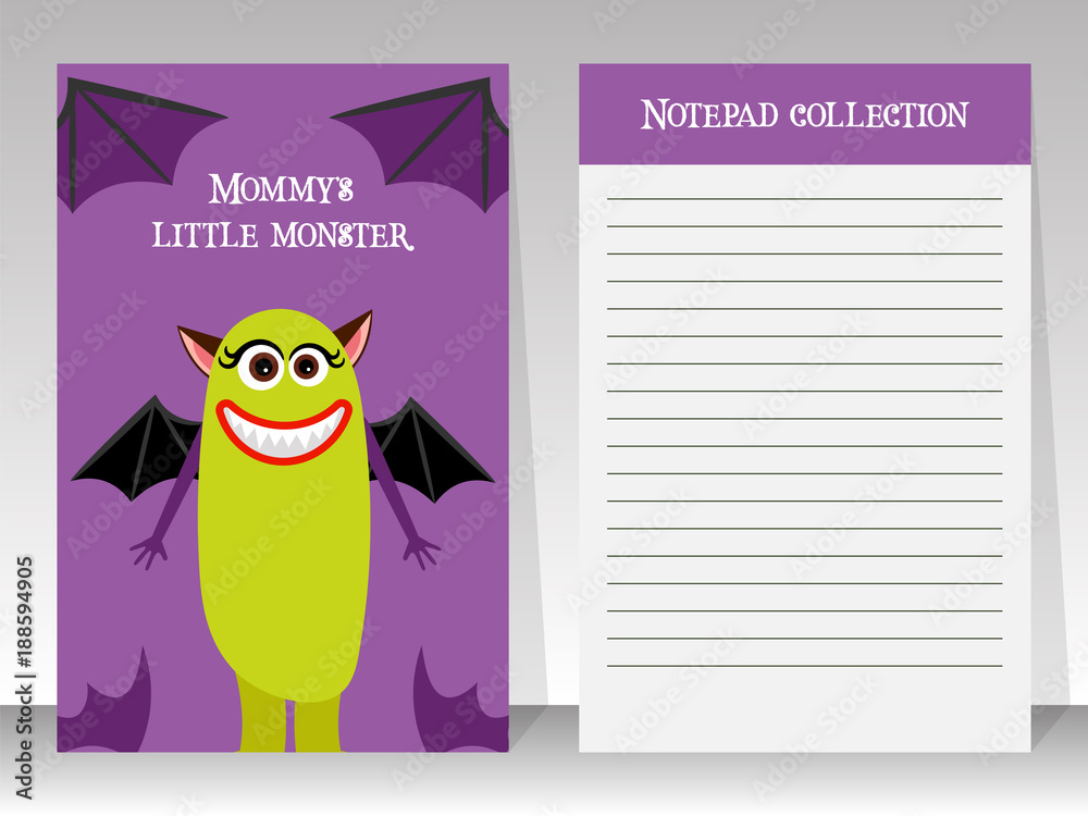 Violet notebook template with cute monster Violet notebook template with cute monster
