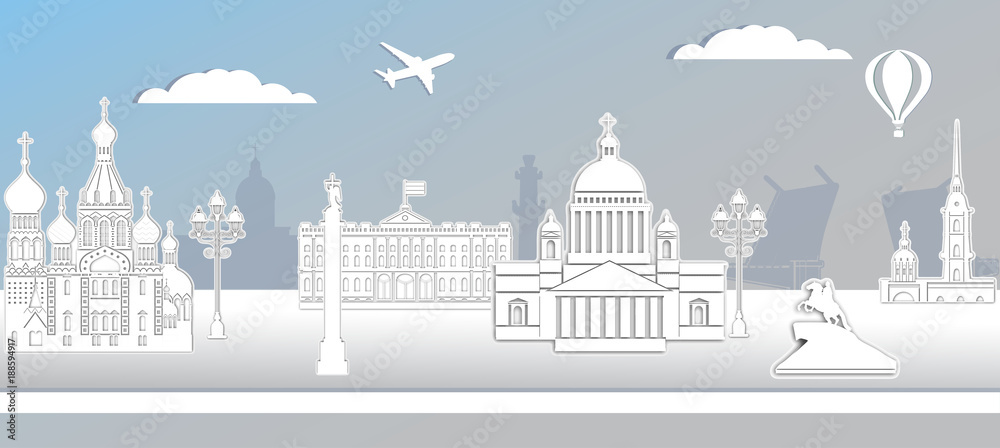 anorama of Saint Petersburg paper art style vector illustration. Petersburg architecture. Cartoon Russia symbols and objects. Winter St. Petersburg

