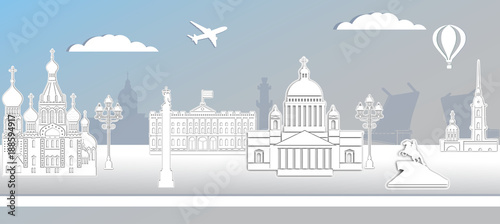 anorama of Saint Petersburg paper art style vector illustration. Petersburg architecture. Cartoon Russia symbols and objects. Winter St. Petersburg

