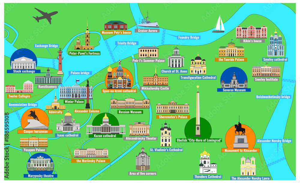 Map of the historical center of Saint Petersburg with sights flat style vector illustration. Architectural symbols of St. Petersburg
