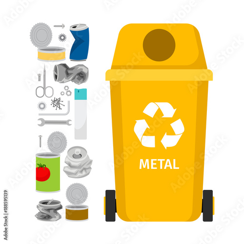 Yellow garbage can with metal trash