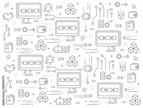 Blockchain concept pattern. Computers chained to network exchange information.