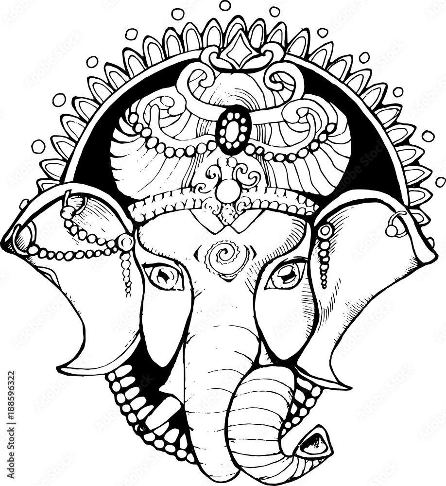 Illustration of an elephant ganesha, a Hindu god. Black and white ...
