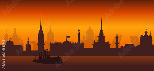 Panorama of Saint Petersburg flat style vector illustration. Petersburg architecture. Cartoon Russia symbols and objects. Night St. Petersburg
