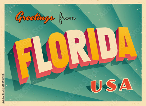 Vintage Touristic Greetings from Florida, USA Postcard - Vector EPS10. Grunge effects can be easily removed for a brand new, clean sign. photo