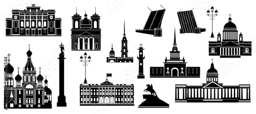 Cartoon symbols and objects set of St. Petersburg. Popular tourist architectural objects: Winter Palace,  Palace bridge, Admiralty, Isaac cthedral, Kazan cathedral and another sights.
 photo