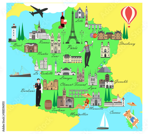 France travel map with sights flat style vector illustration. Popular buildings for tourists. French map. Tourism and travel. 