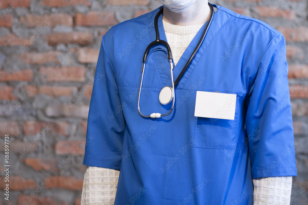 Doctor wear blank white vertical identification badge mockup. Medicine name  tag on neck and chest. Health care person identity label. Man in a medical  uniform with empty id card mock up. Stock