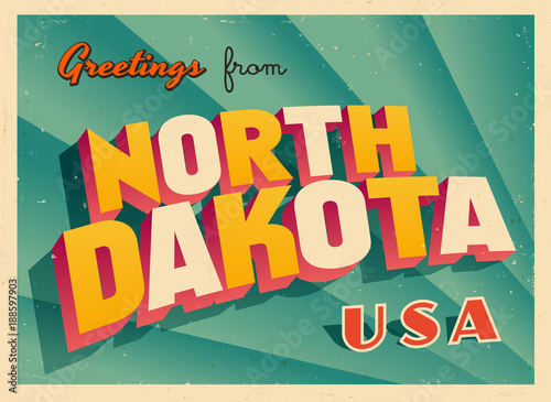 Vintage Touristic Greetings from North Dakota, USA Postcard - Vector EPS10. Grunge effects can be easily removed for a brand new, clean sign.