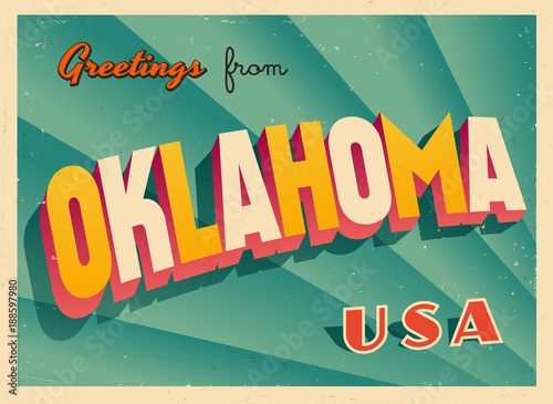 Vintage Touristic Greetings from Oklahoma, USA Postcard - Vector EPS10. Grunge effects can be easily removed for a brand new, clean sign. photo